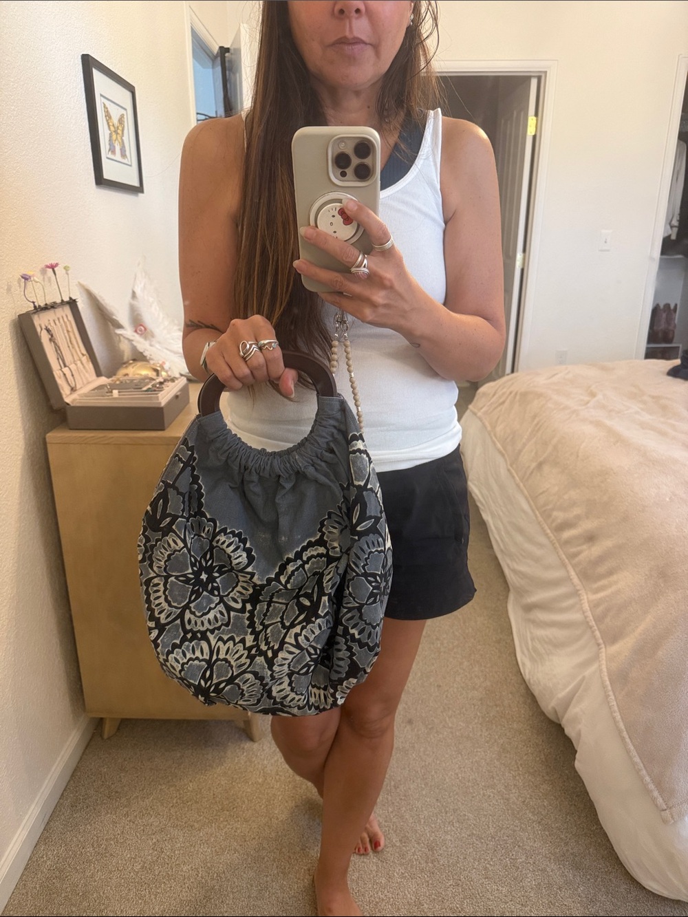 Wood circle handle hand made recycled thrifted fabric ethnic print hand bag